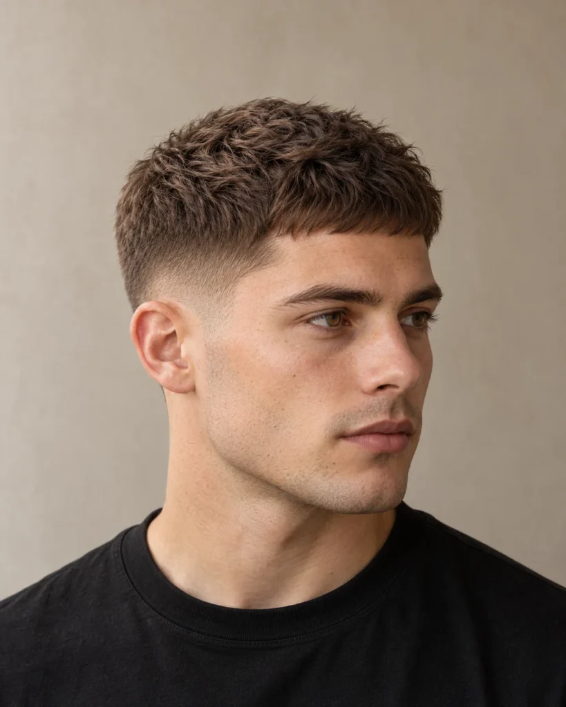 Korte classic crop met een getextureerde bovenkant en korte pony — AI-gegenereerd demobeeld