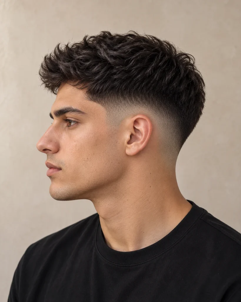 Low fade met donker haar en een geleidelijke overgang boven het oor — AI-gegenereerd demobeeld