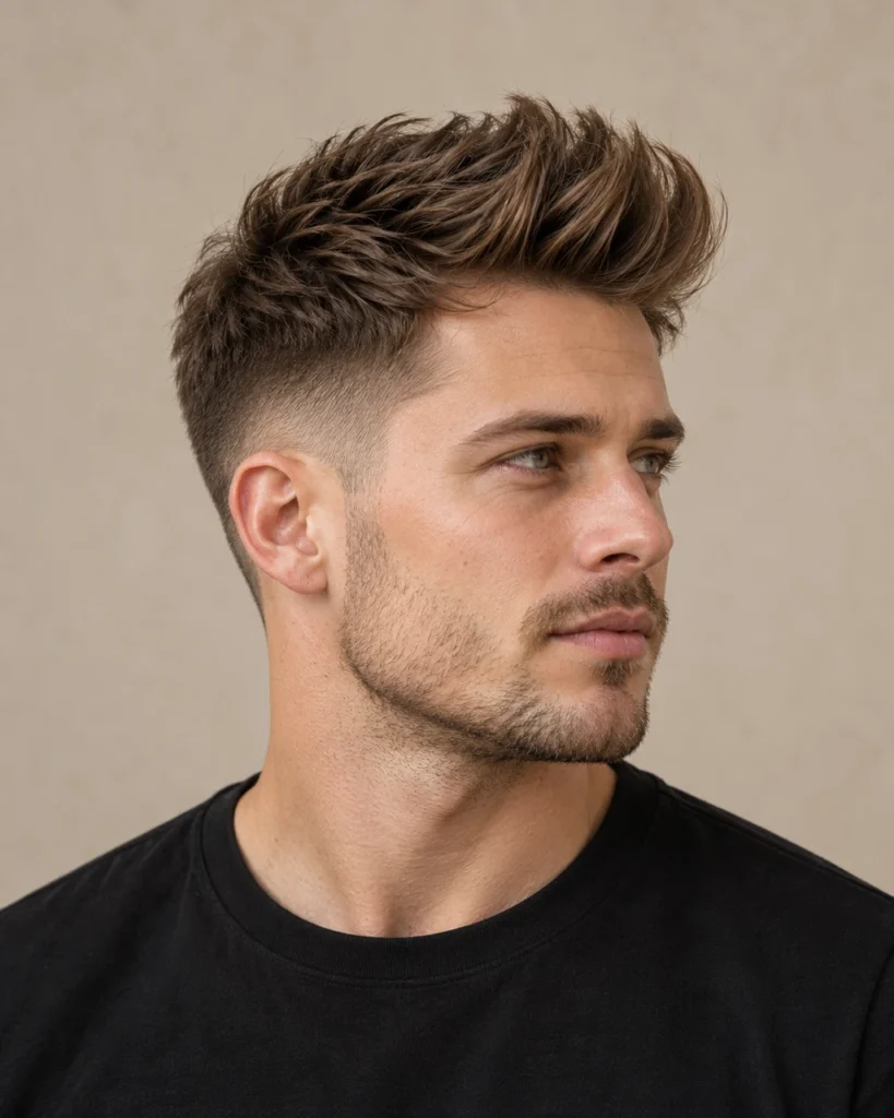 Textured quiff met omhoog gestyled bruin haar en korte zijkanten — AI-gegenereerd demobeeld