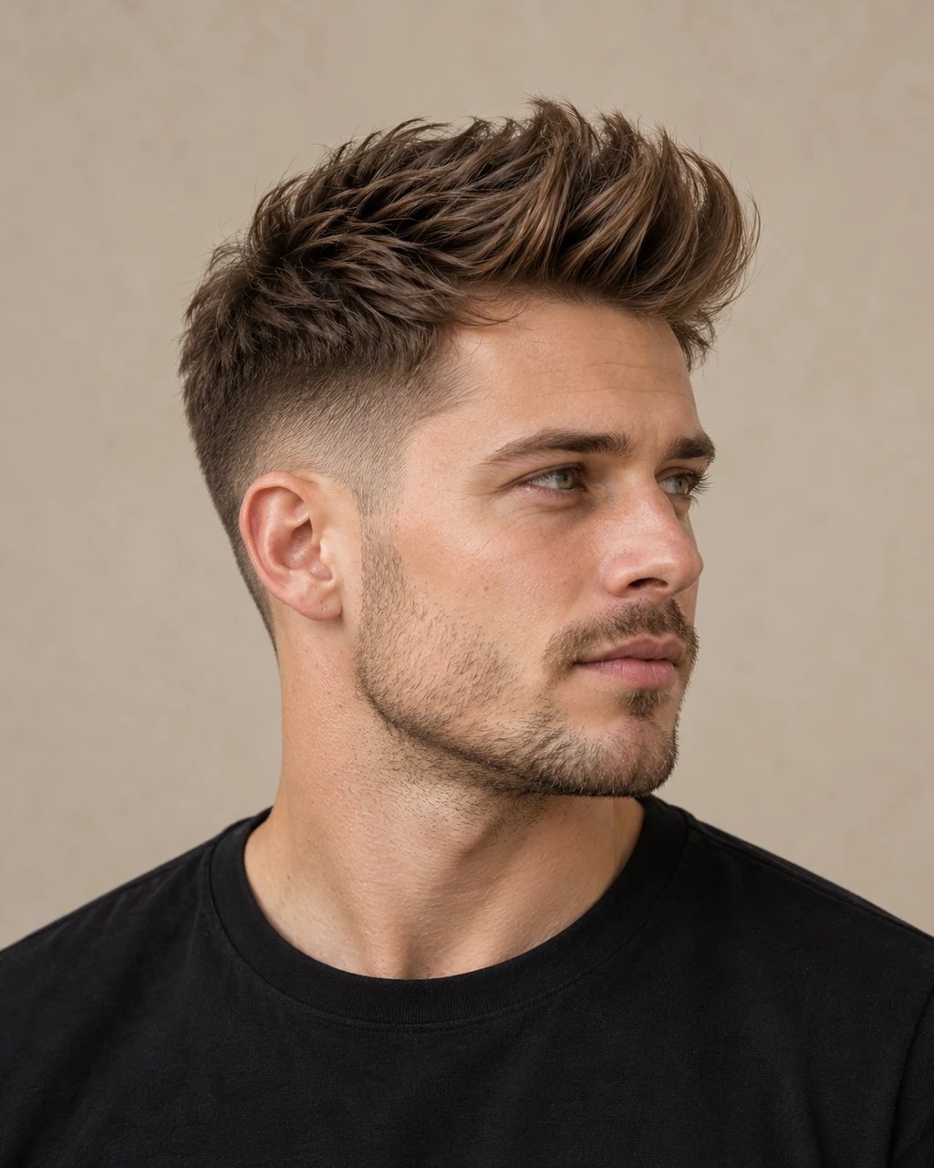 Textured quiff met omhoog gestyled bruin haar en korte zijkanten — AI-gegenereerd demobeeld